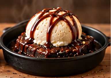 A warm Velvet Drip walnut brownie sundae topped with vanilla ice cream and chocolate sauce